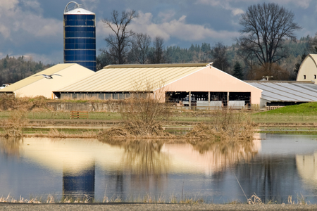 Flooded landed in foreground, farm building and silo behind