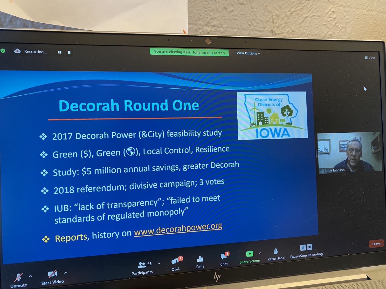 Andy Johnson, Clean Energy Districts of Iowa, presents at IEC webinar