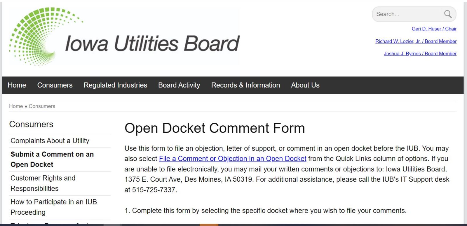 Iowa Utilities Board comment form