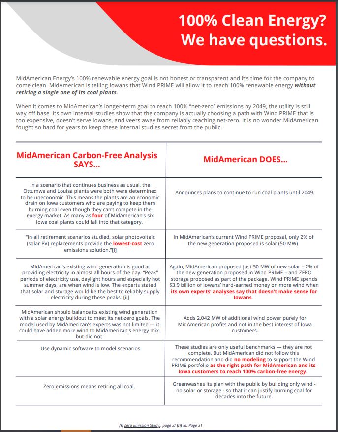 One page document comparing MidAmerican Energy's internal studies to their announced plans for future generation