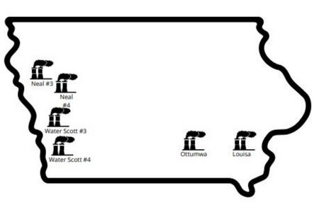 Black outline of the shape of Iowa with six graphics of coal towers showing the locations of MidAmerican's coal plants in Iowa.