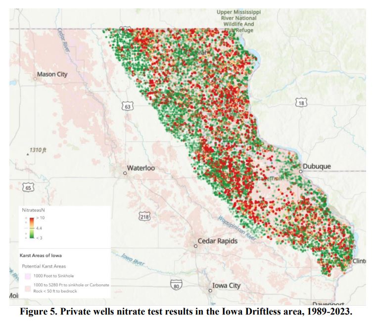 Map with red and green dots indicating private well test results in karst terrain