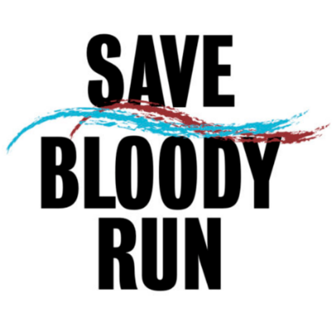 Save Bloody Run logo - black text over blue and red paint swipes
