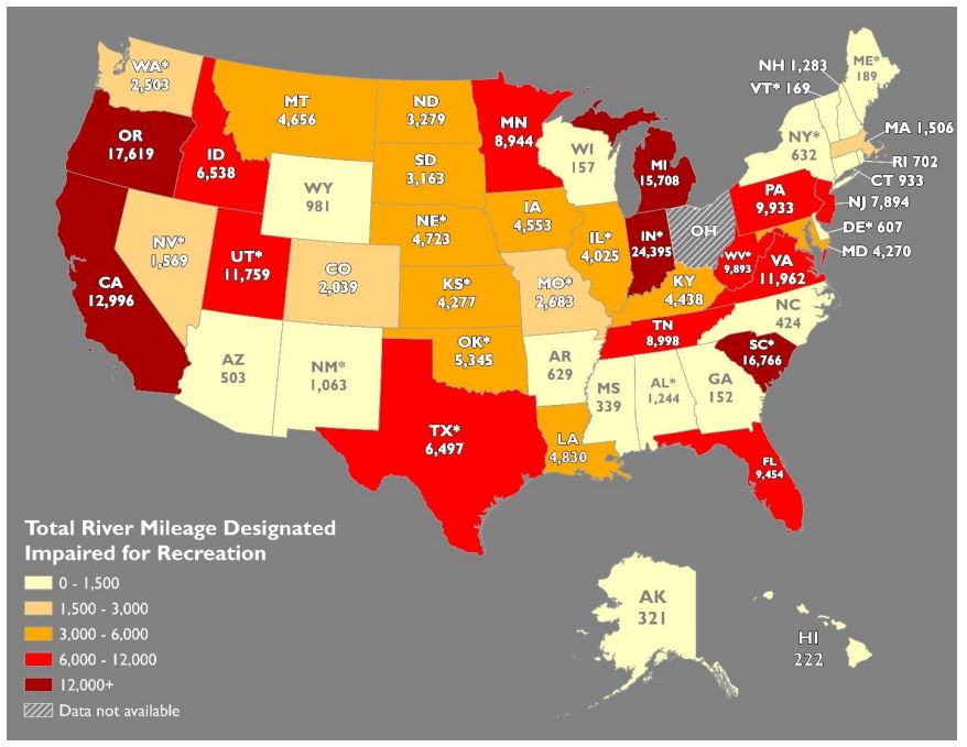 Map of US showing number of impaired waterbodies per state