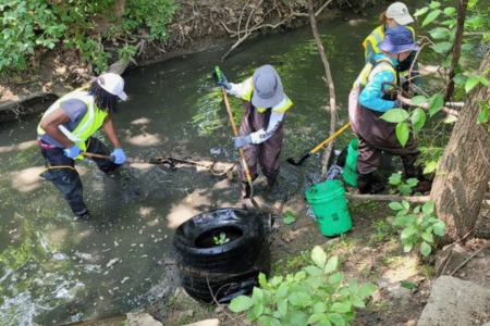 4 people in vests picking up trash in a creek