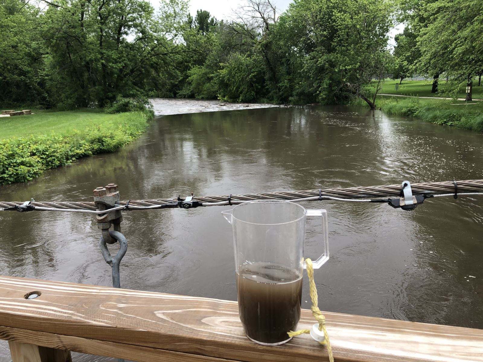 Glass of muddy creek water with creek in background